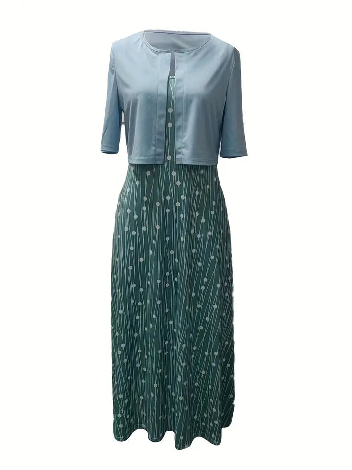 elegant two-piece floral dress set with solid color crop top and dress with round neck