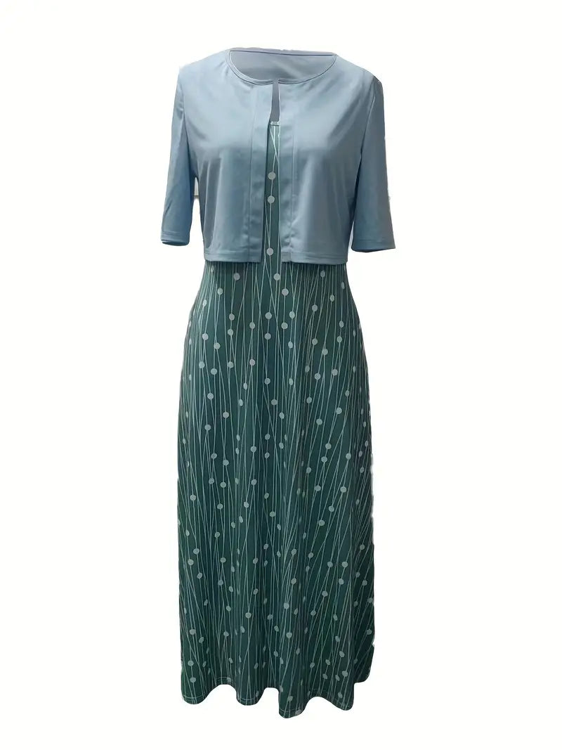 Mune Fashion - elegant two-piece floral dress set with plain crop top and dress with round neckline