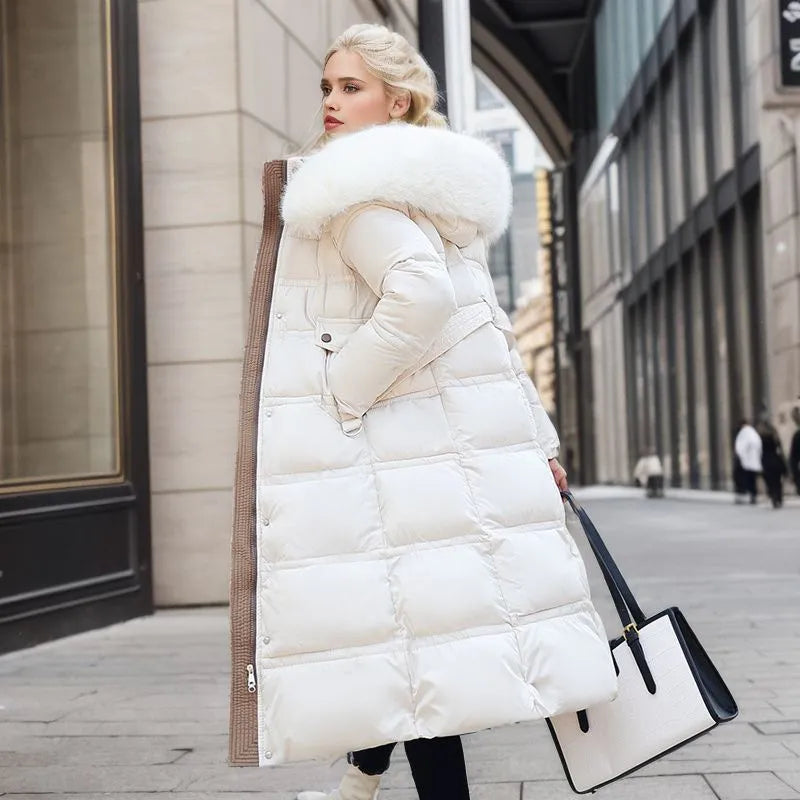 Mune | Women's Long Winter Coat with Fur Hood and Belt