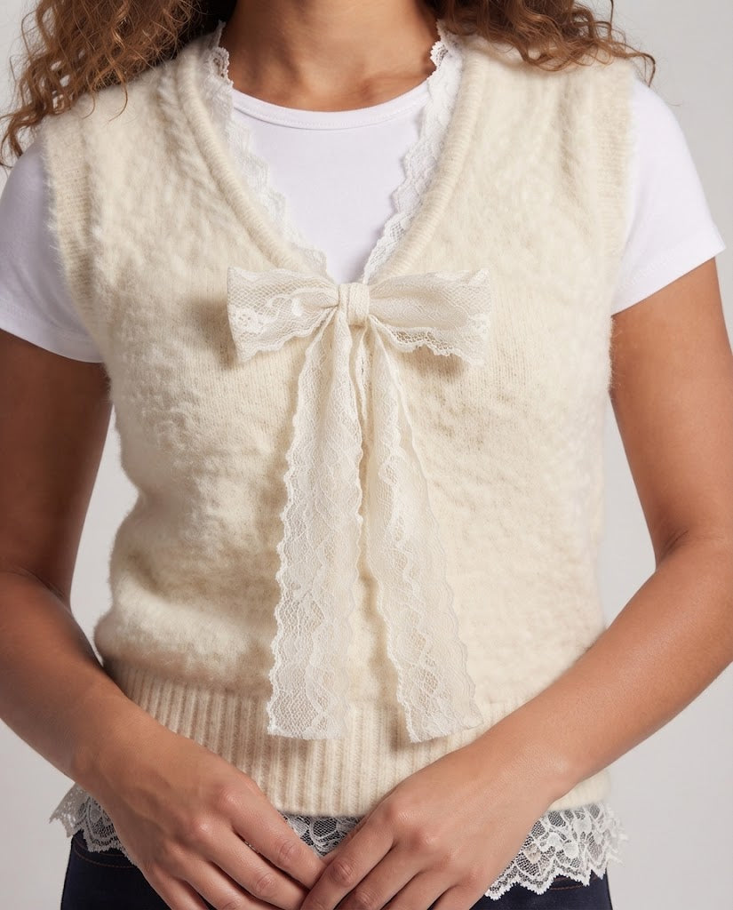 Women's Sleeveless Fleece Vest with Lace Insert and Decorative Bow Brooch Mune Fashion