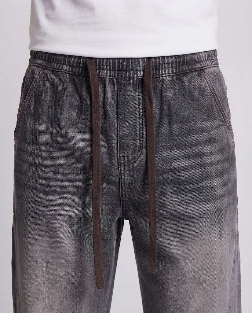 Men's Loose Stonewash Denim Pants with Drawstring and Contrast Stitching Mune Fashion