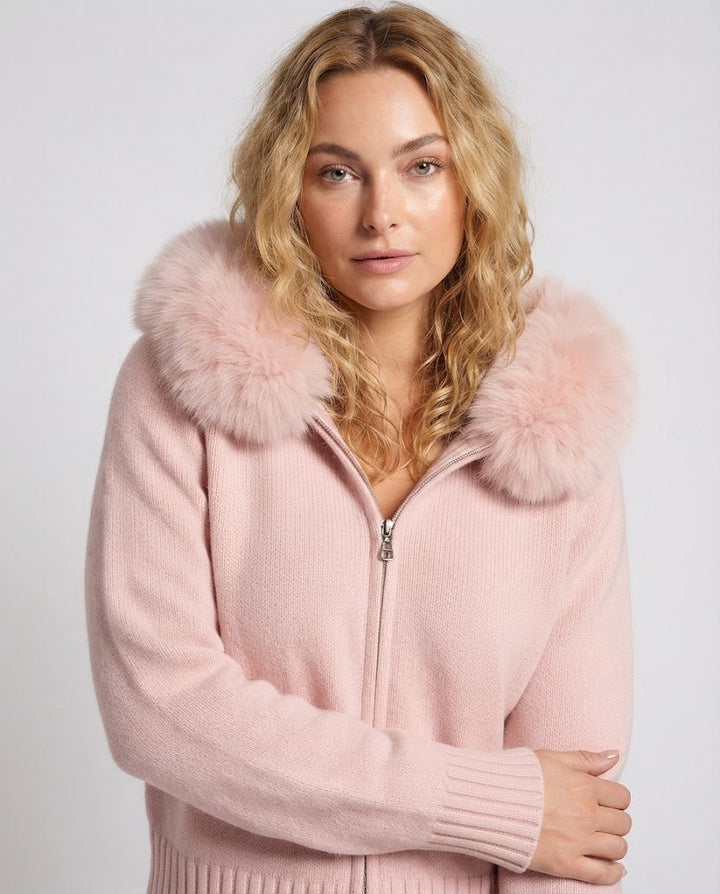 Women's Short Wool Cardigan with Zipper and Removable Fur Trim on Hood Mune Fashion