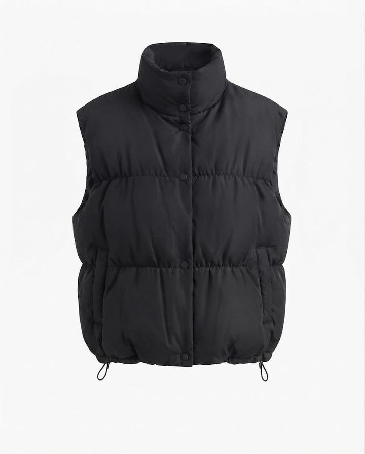 Ladies' puffy insulation vest with square construction and high stand-up collar