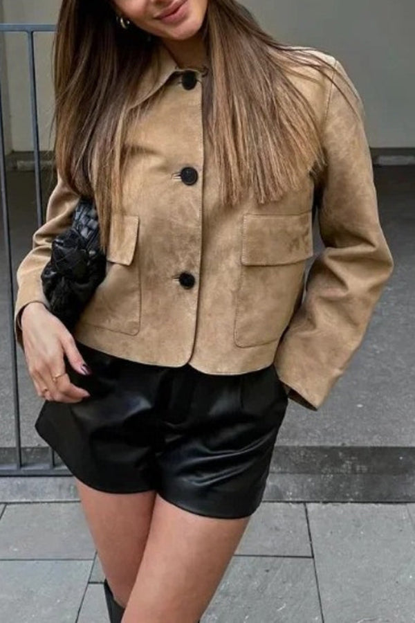 Mune | Button Closure Pocket Faux Suede Crop Jacket