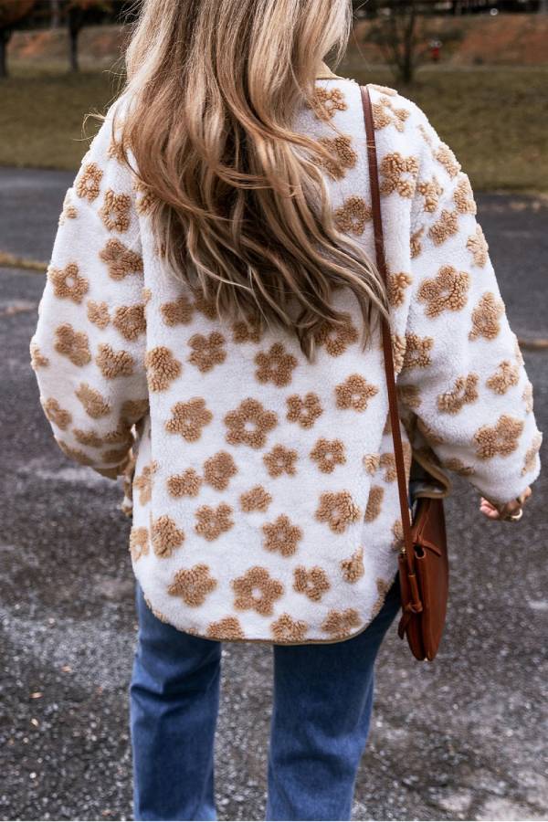 Mune | French Beige Sweet Floral Pattern Button Placket Fleece Jacket