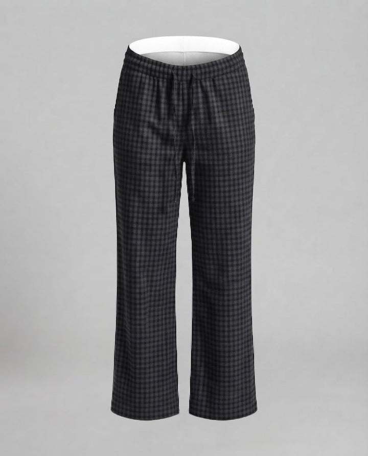 Ladies high-waisted wide check-pattern pants with drawstring and relaxed fit Mune Fashion