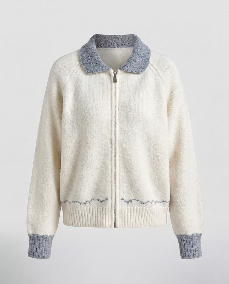 Women short cut teddy cardigan with zipper, contrast collar and ribbed cuffs Mune Fashion