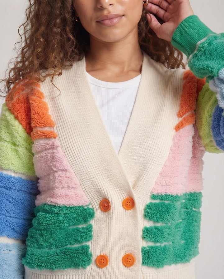 Women short-cut bouclé cardigan with contrasting block stripes and deep V-neck Mune Fashion