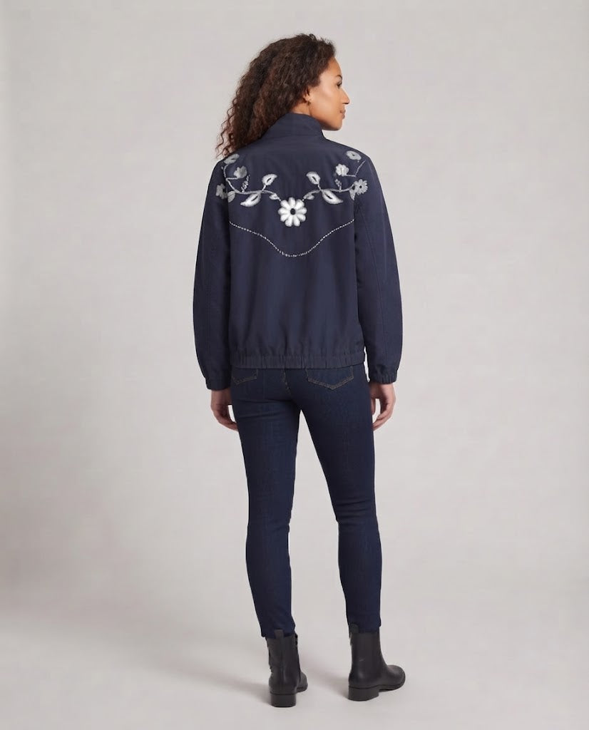 Women's Embroidered Lightweight Transitional Jacket with Zipper and Flower Detail Mune Fashion