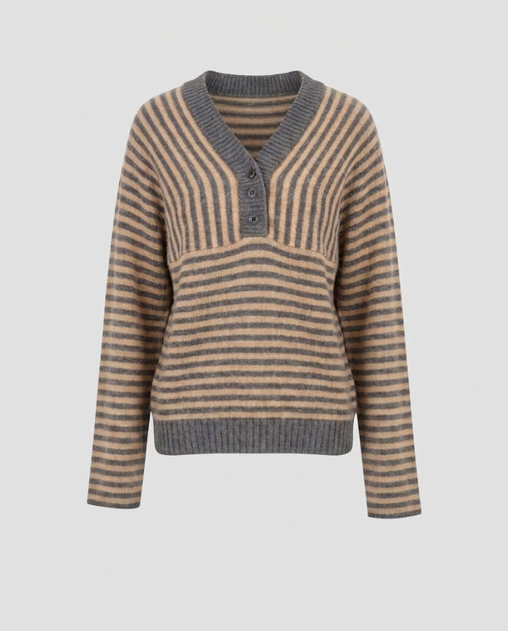 Women's Striped Fine Knit Sweater with V-Neck, Button Placket and Cropped Silhouette Mune Fashion