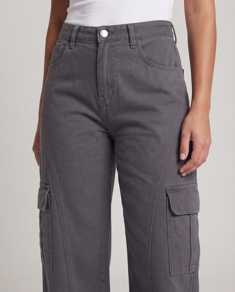 Women's Loose Utility Twill Pants in Palazzo Cut with Flap Pockets Mune Fashion