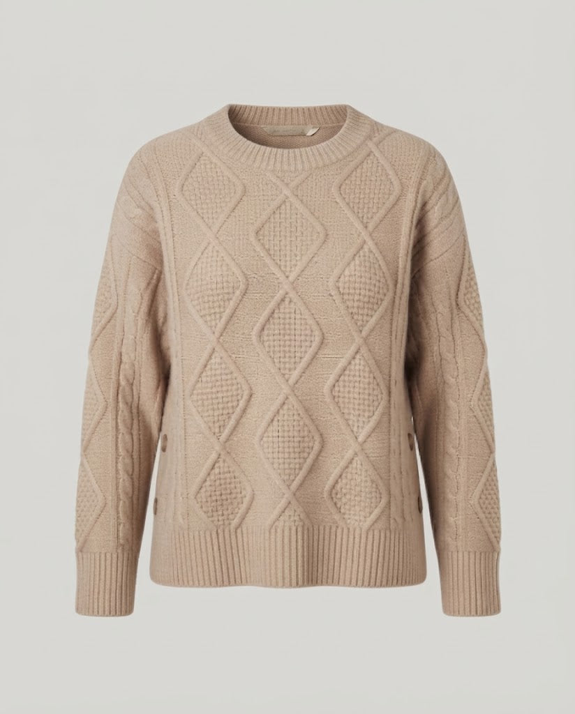 Women Thick Knit Oversized Sweater with Diamond Cable Texture and Wide Cuff Sleeve Mune Fashion