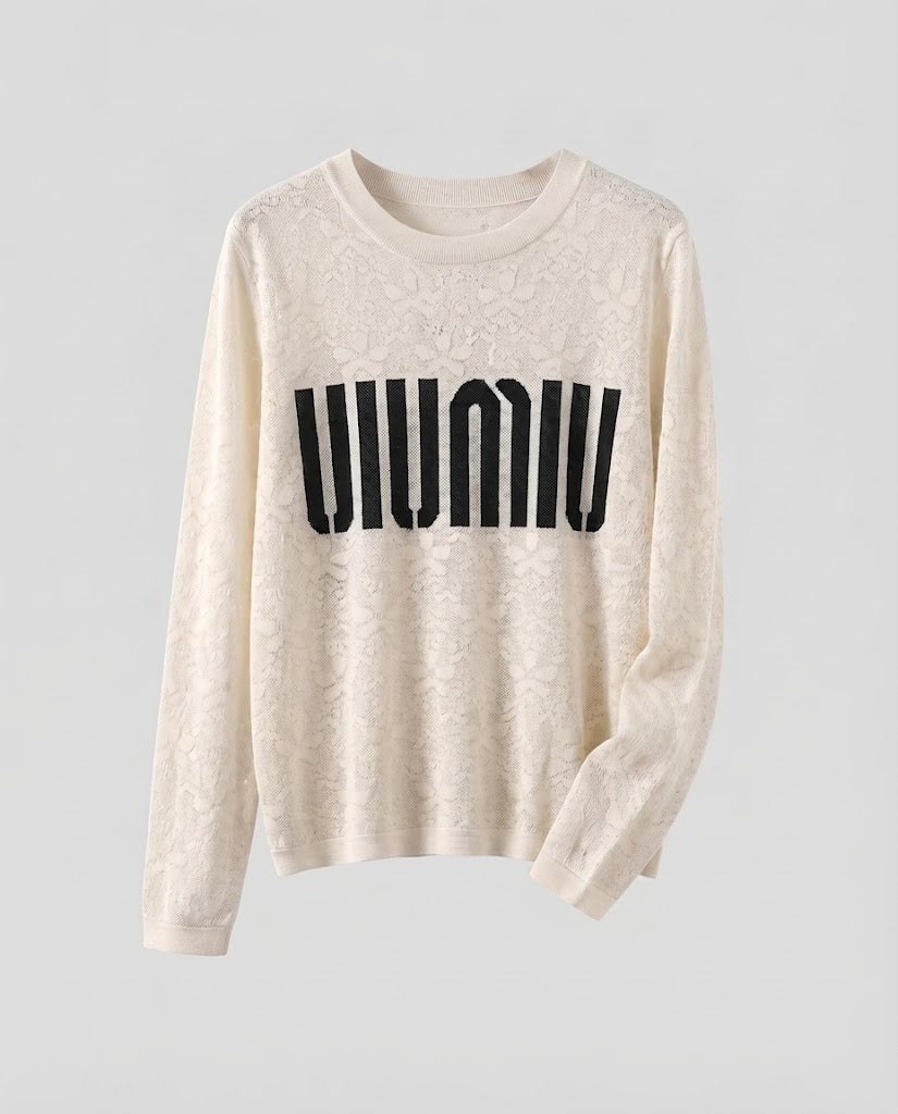 Women's fine knit pullover with round neckline, jacquard structure and logo front Mune Fashion
