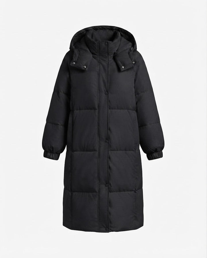 Women's longer minimalist padded coat with high wrap collar and straight square quilting seams