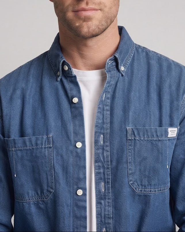 Men's Oversized Denim Shirt Jacket with Chest Pockets and Button-Down Collar Mune Fashion