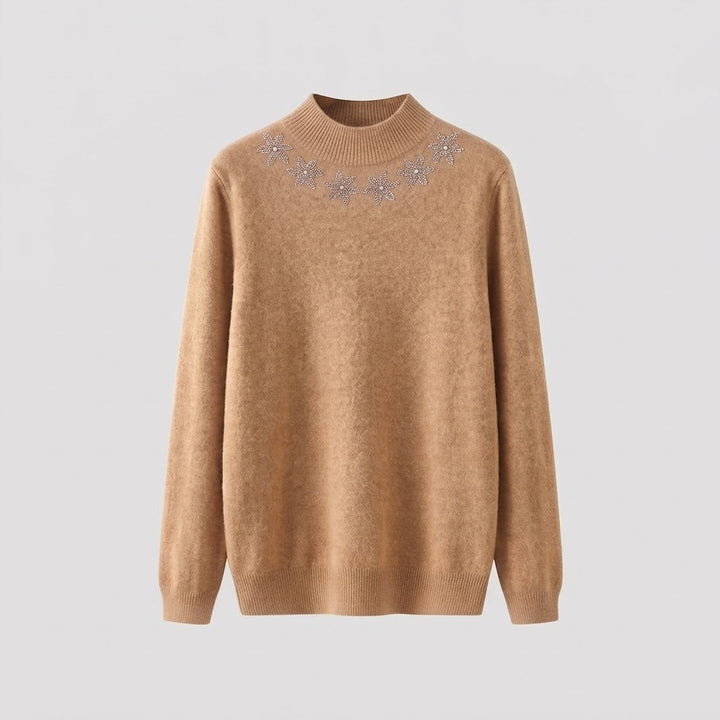 Women's fine knit mock neck pullover with sparkling flower rhinestone application Mune Fashion