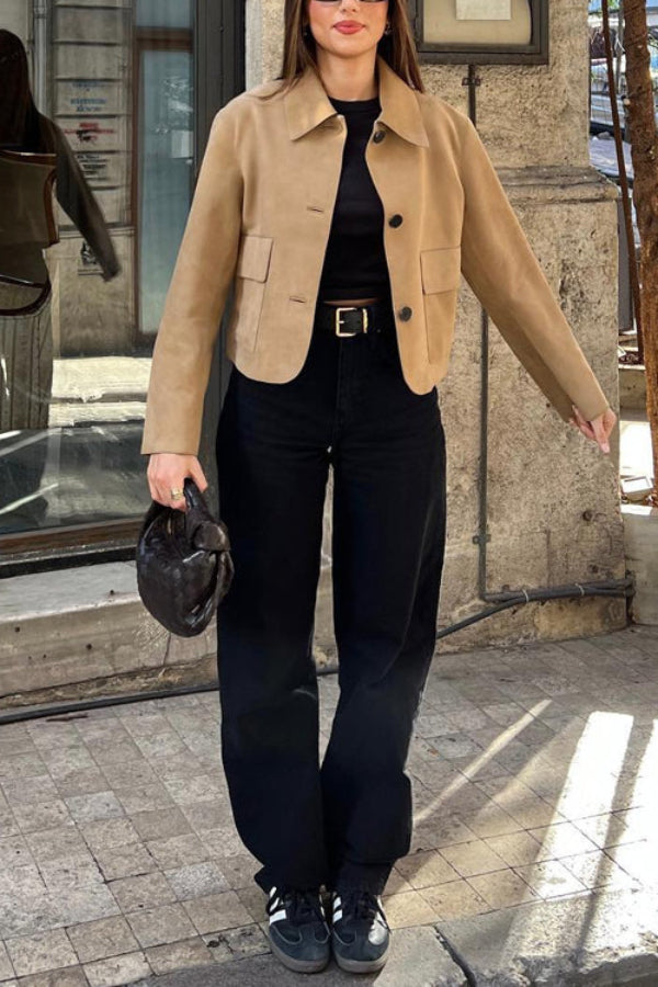 Mune | Button Closure Pocket Faux Suede Crop Jacket