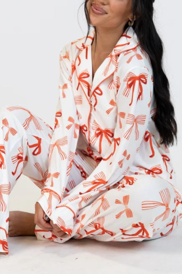 Mune | Christmas Bow Print Long Sleeve Shirt and Elastic Waist Pocket Pants Set