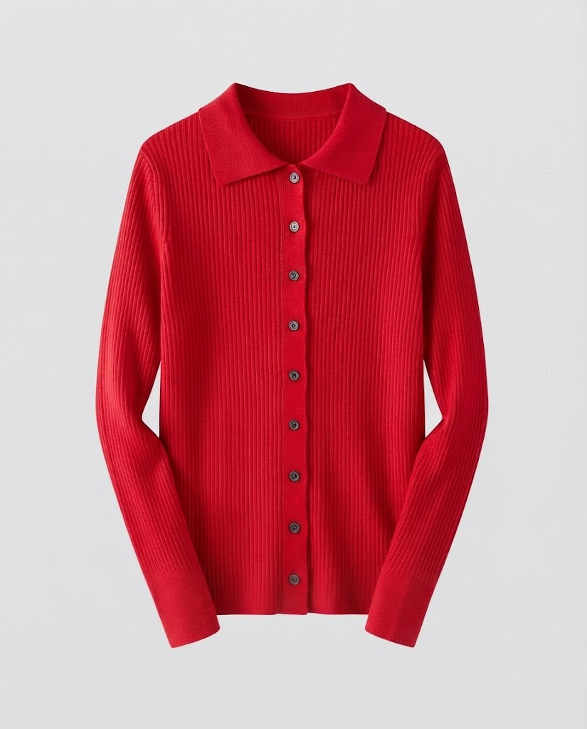 Women's Fine Ribbed Knit Cardigan with Shirt Collar and Matching Camisole Mune Fashion