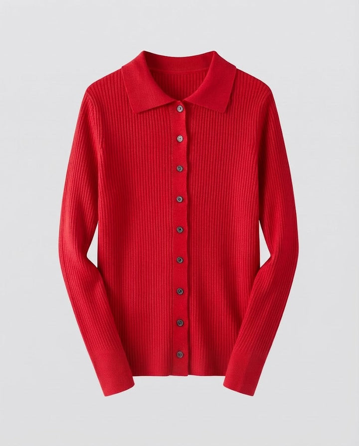 Women's Fine Ribbed Knit Cardigan with Shirt Collar and Matching Camisole Mune Fashion