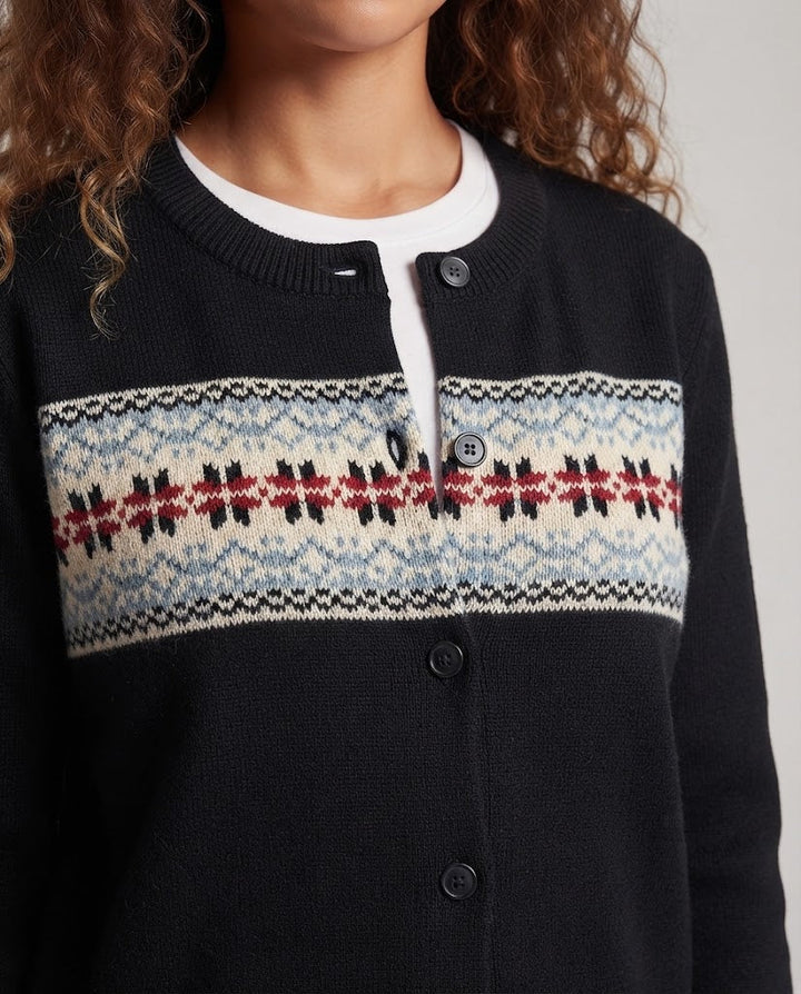 Women cardigan with horizontal intarsia border, round neck and button placket Mune Fashion