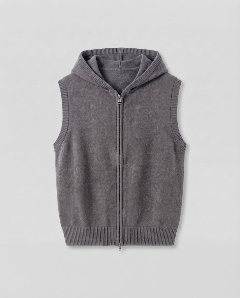 Women's Sleeveless Knitted Vest with Hood and Zipper Mune Fashion