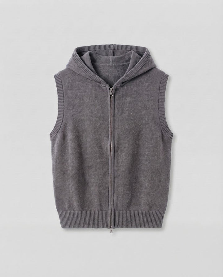 Women's Sleeveless Knitted Vest with Hood and Zipper Mune Fashion