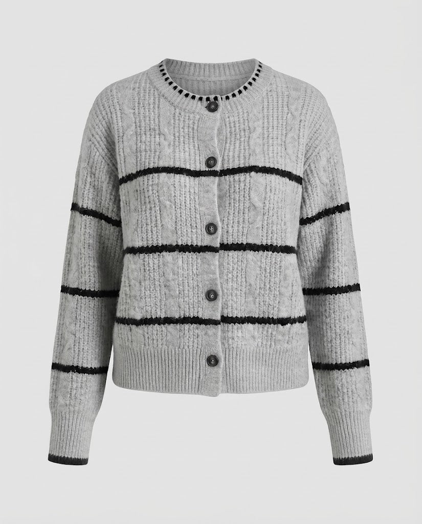 Women Chunky Knit Button Cardigan with Striped Texture and Round Neck Mune Fashion