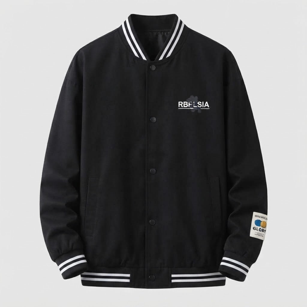 Men's Lightweight College Bomber Jacket with Striped Ribbed Cuffs and Snap Placket Mune Fashion