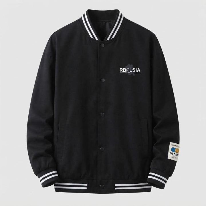 Men's Lightweight College Bomber Jacket with Striped Ribbed Cuffs and Snap Placket Mune Fashion