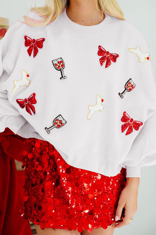 Mune | Christmas Bow Wine Glass Sequins Loose Long Sleeve Sweatshirt