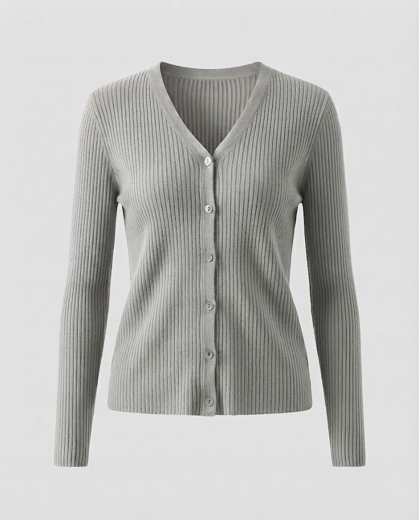 Women Fine Ribbed V-Neck Cardigan in Cashmere Look with Stretchy Rib Structure and Pearl Buttons Mune Fashion
