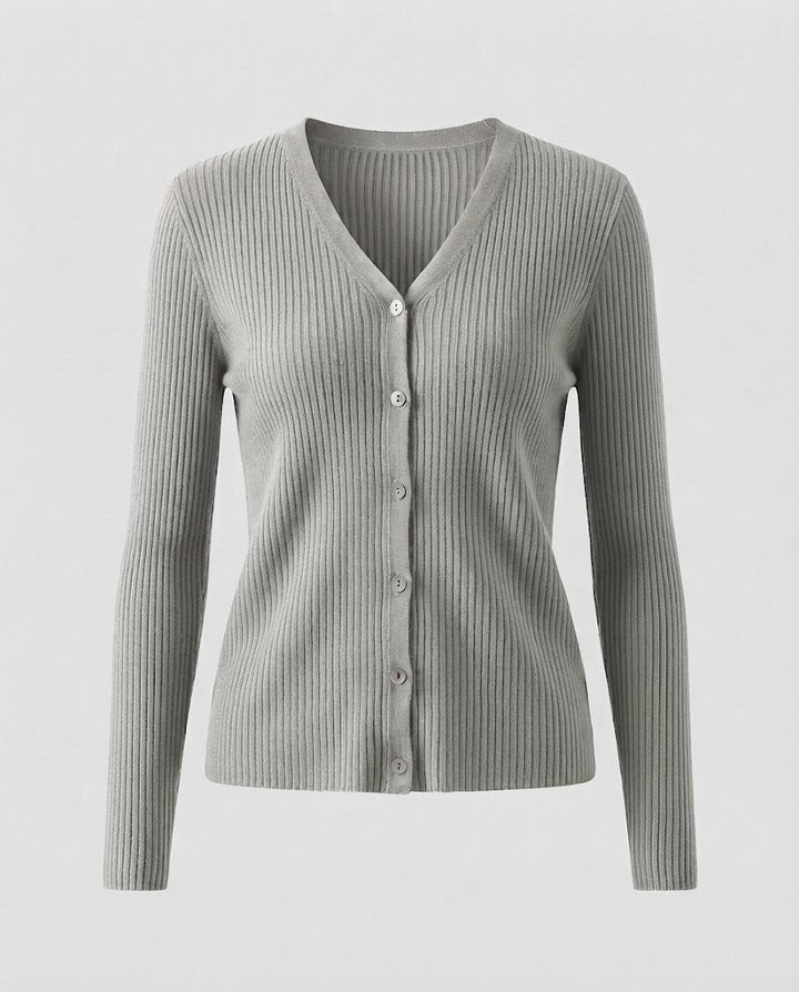 Women Fine Ribbed V-Neck Cardigan in Cashmere Look with Stretchy Rib Structure and Pearl Buttons Mune Fashion