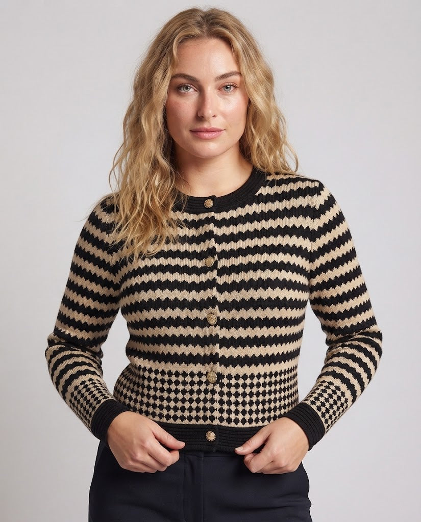 Women's Short-cut Fine Knit Cardigan with Graphic Intarsia Pattern and Decorative Buttons Mune Fashion