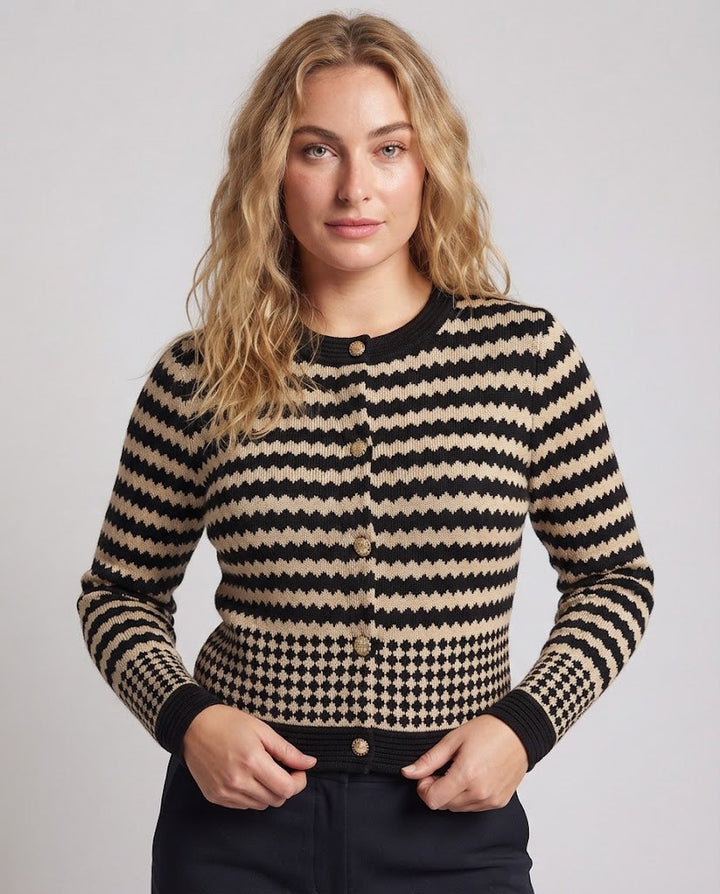 Women's Short-cut Fine Knit Cardigan with Graphic Intarsia Pattern and Decorative Buttons Mune Fashion