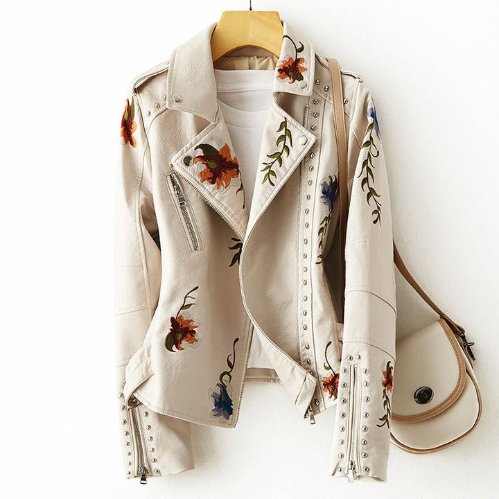 Mune | Women's leather jacket with stud accent and floral pattern