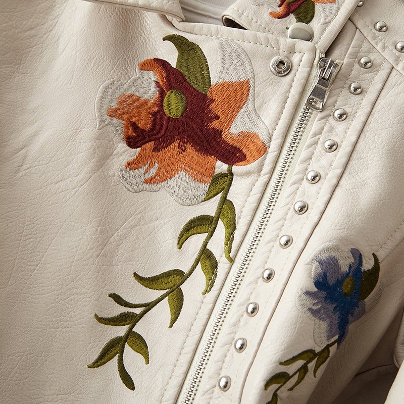 Mune | Women's leather jacket with stud accent and floral pattern