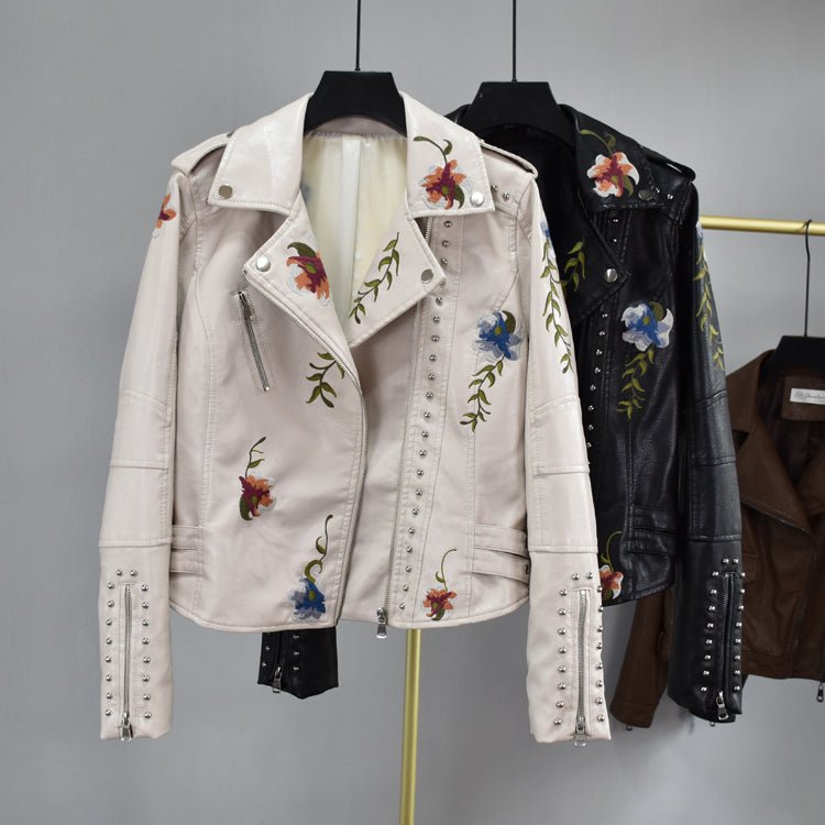 Mune | Women's leather jacket with stud accent and floral pattern