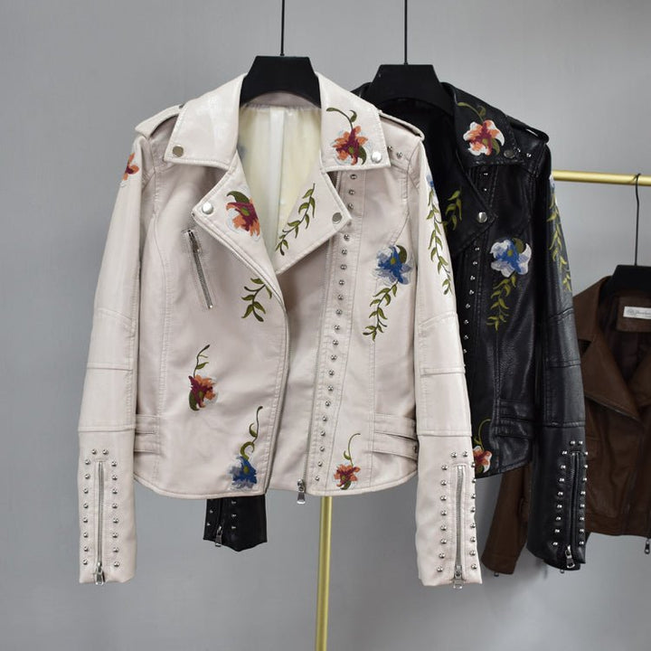 Mune | Women's leather jacket with stud accent and floral pattern