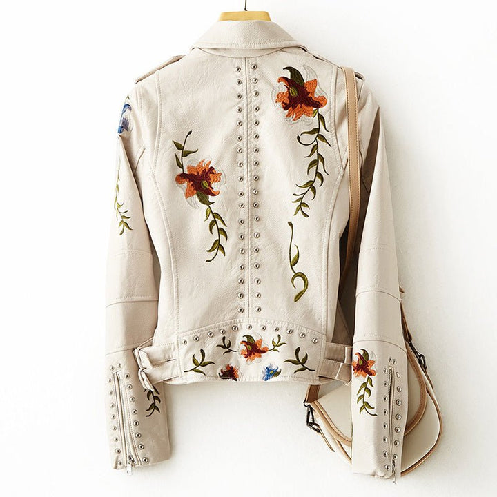 Mune | Women's leather jacket with stud accent and floral pattern