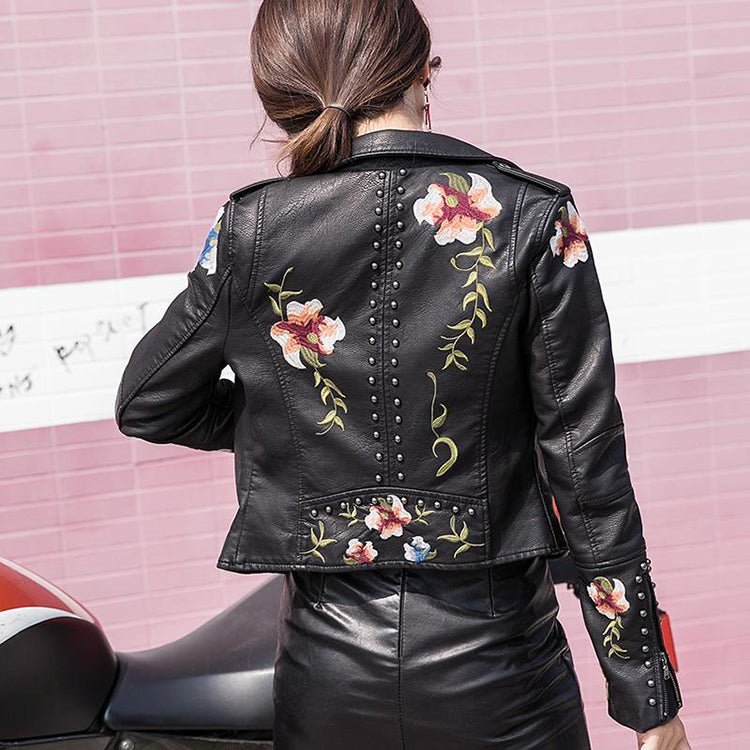 Mune | Women's leather jacket with stud accent and floral pattern