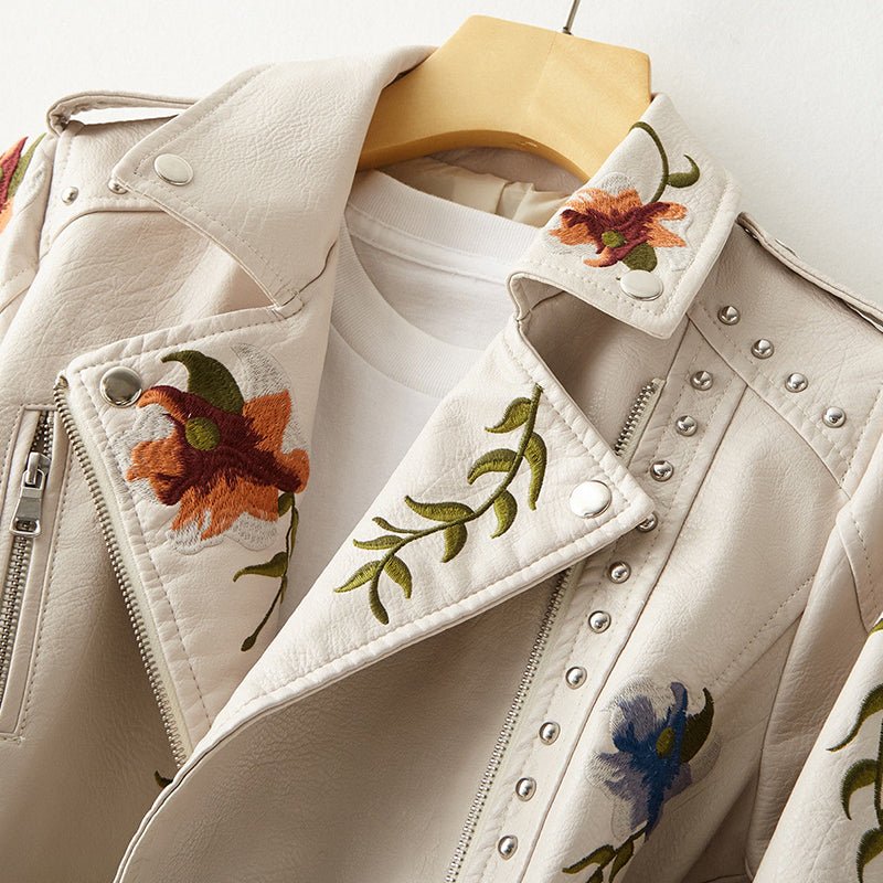 Mune | Women's leather jacket with stud accent and floral pattern