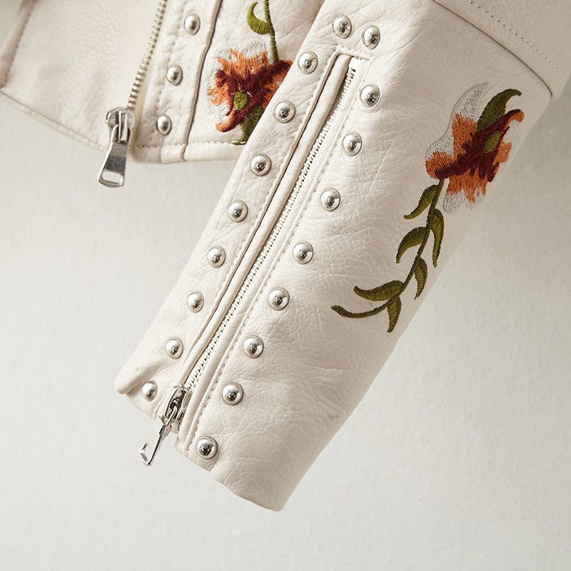 Mune | Women's leather jacket with stud accent and floral pattern