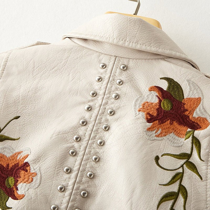 Mune | Women's leather jacket with stud accent and floral pattern