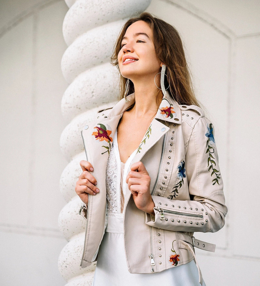 Mune | Women's leather jacket with stud accent and floral pattern