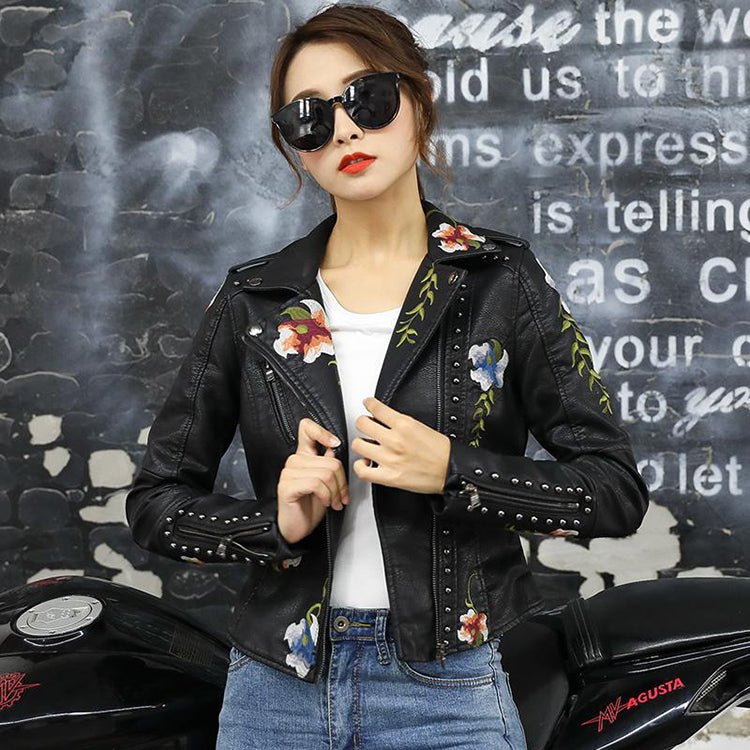 Mune | Women's leather jacket with stud accent and floral pattern