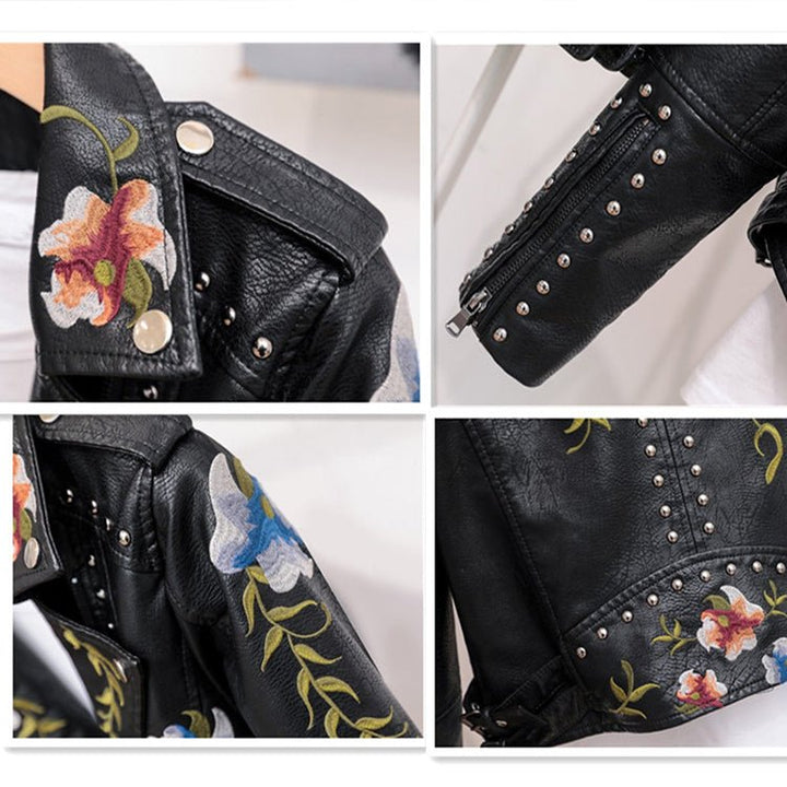 Mune | Women's leather jacket with stud accent and floral pattern