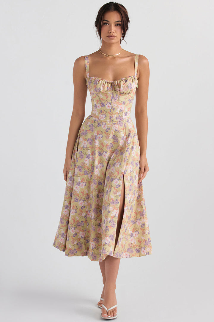Fitted, bustier dress with modern floral print