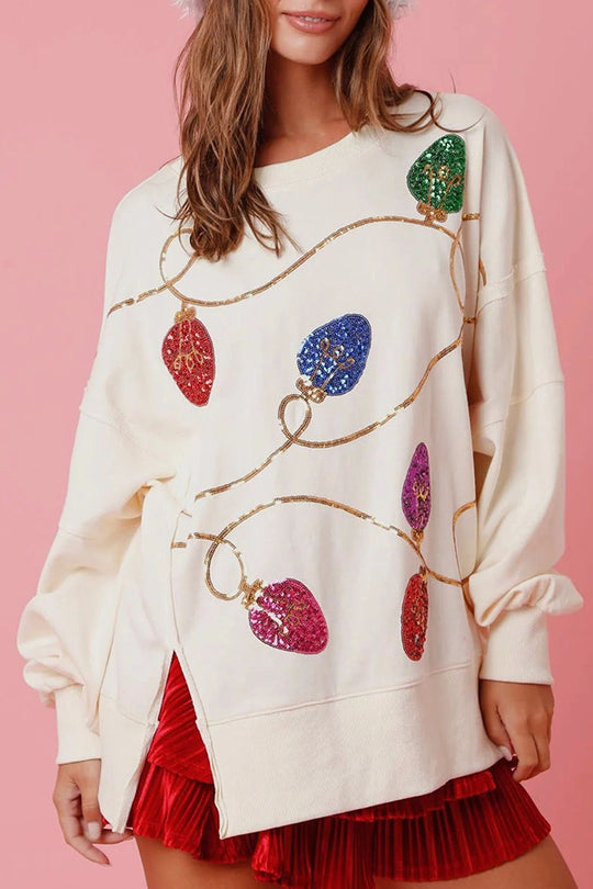 Mune | Christmas Lights Sequins Slit Pullover Sweatshirt
