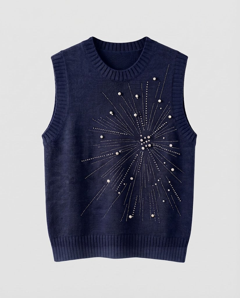 Women's Sleeveless Fine Knitted Vest with Bead and Rhinestone Sun Motif Mune Fashion